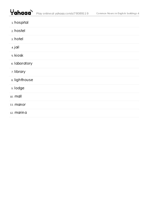 Common Nouns in English: buildings 4 PDF words glossary