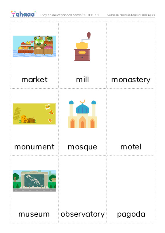 Common Nouns in English: buildings 5 PDF flaschards with images