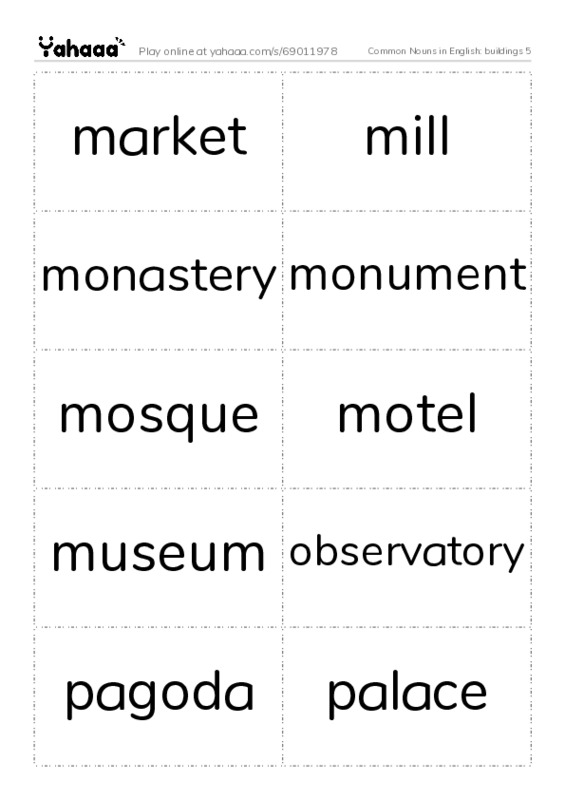 Common Nouns in English: buildings 5 PDF two columns flashcards