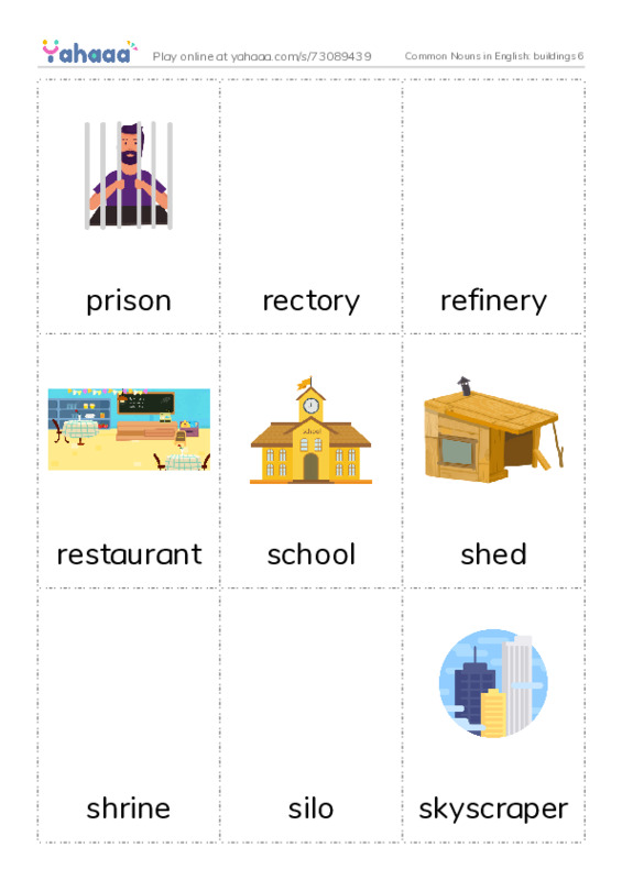Common Nouns in English: buildings 6 PDF flaschards with images