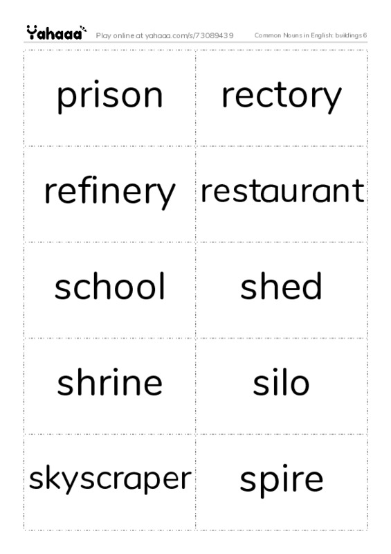 Common Nouns in English: buildings 6 PDF two columns flashcards