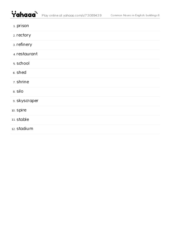 Common Nouns in English: buildings 6 PDF words glossary