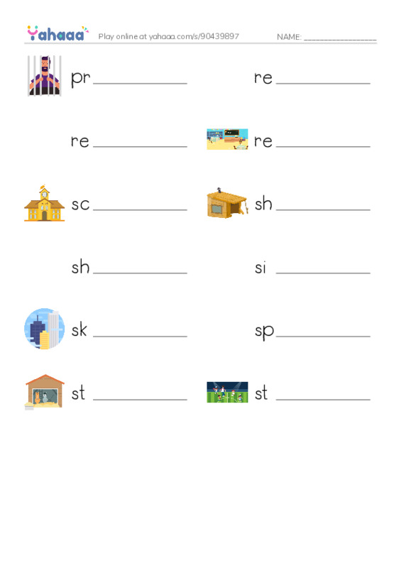 Common Nouns in English: buildings 6 PDF worksheet writing row