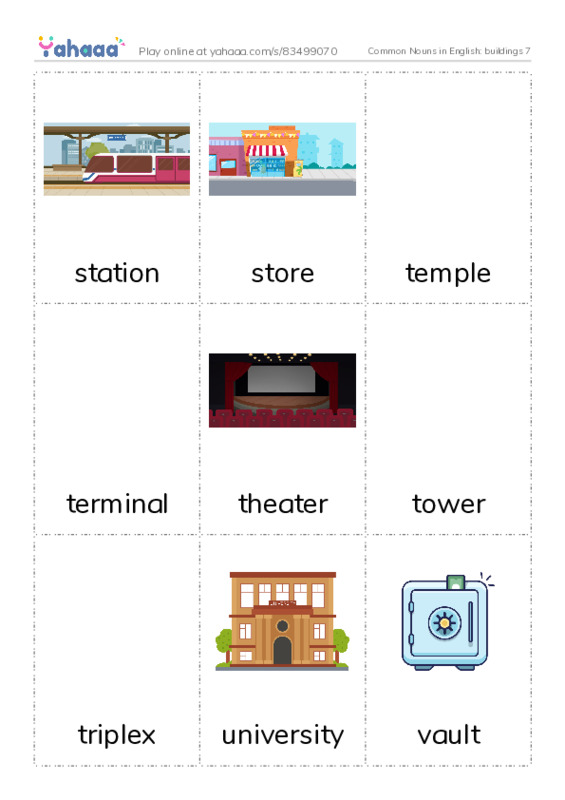 Common Nouns in English: buildings 7 PDF flaschards with images