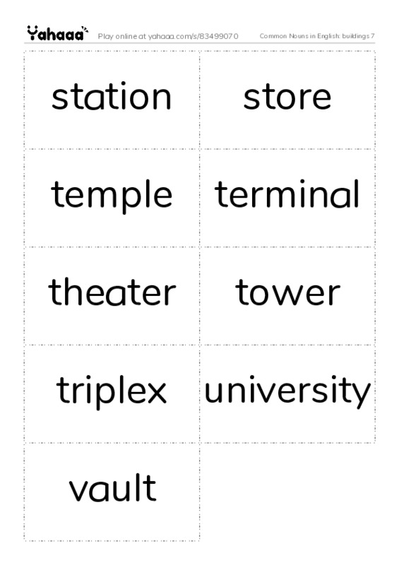 Common Nouns in English: buildings 7 PDF two columns flashcards