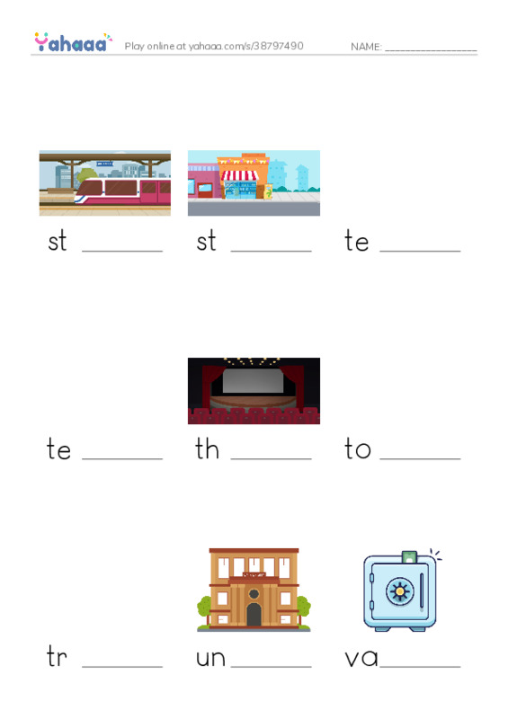 Common Nouns in English: buildings 7 PDF worksheet to fill in words gaps