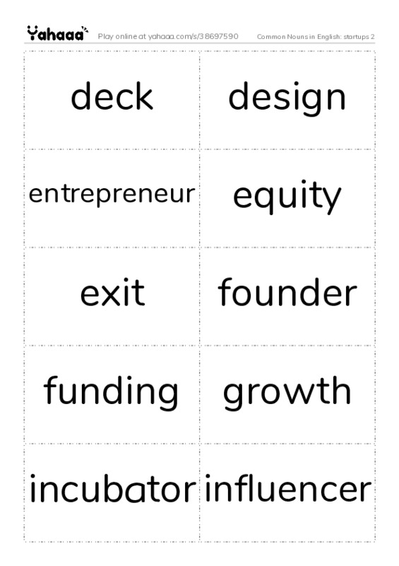 Common Nouns in English: startups 2 PDF two columns flashcards