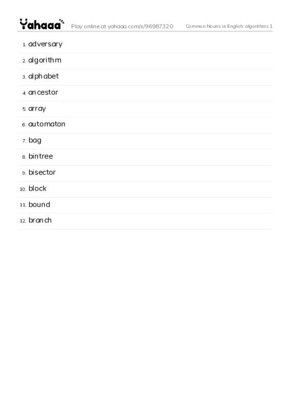 Common Nouns in English: algorithms 1 PDF words glossary