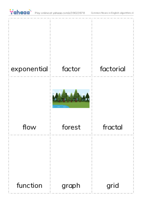 Common Nouns in English: algorithms 4 PDF flaschards with images