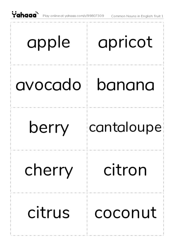 Common Nouns in English: fruit 1 PDF two columns flashcards