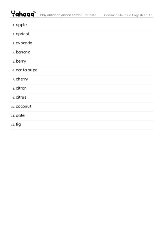 Common Nouns in English: fruit 1 PDF words glossary
