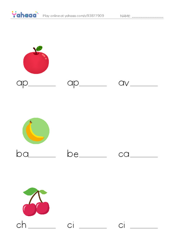 Common Nouns in English: fruit 1 PDF worksheet to fill in words gaps