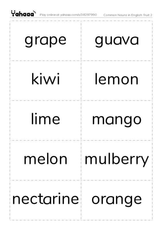 Common Nouns in English: fruit 2 PDF two columns flashcards
