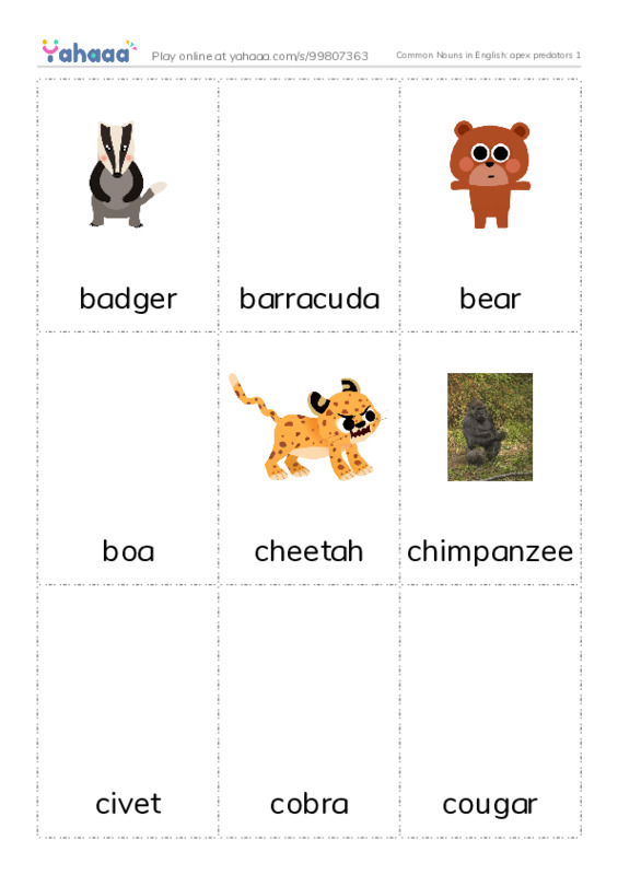 Common Nouns in English: apex predators 1 PDF flaschards with images
