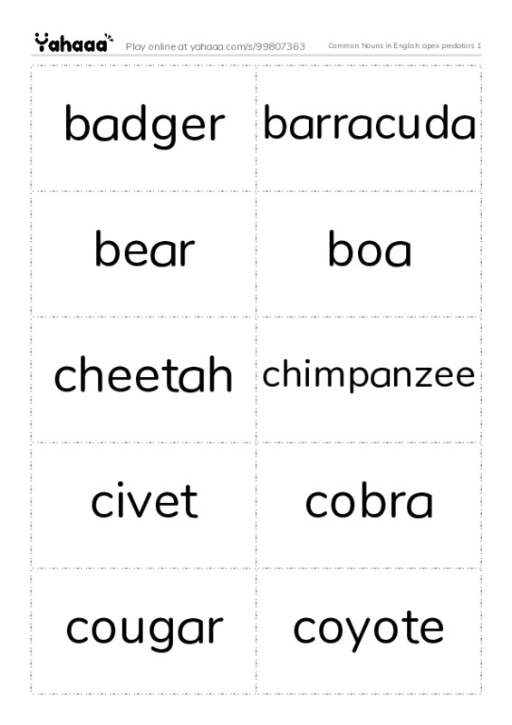 Common Nouns in English: apex predators 1 PDF two columns flashcards