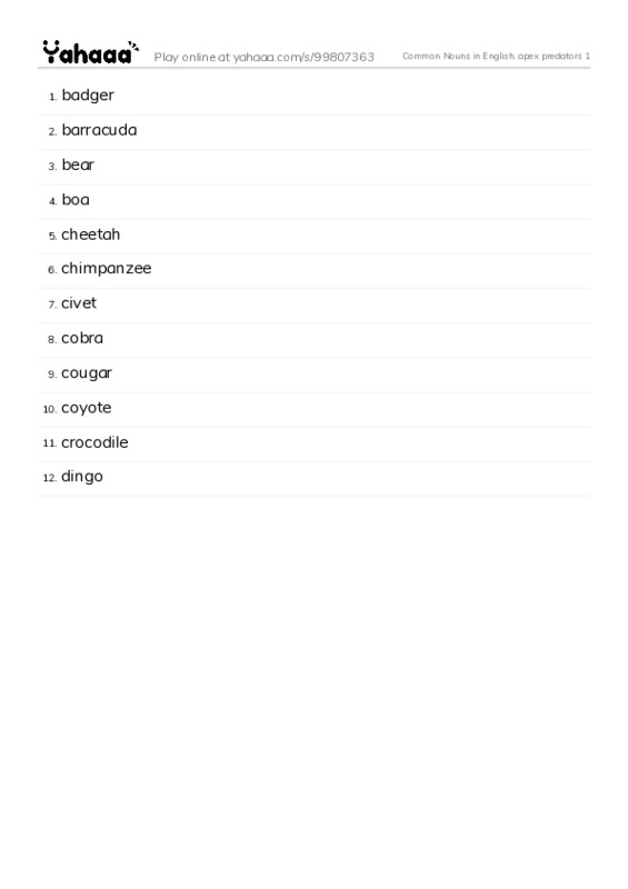 Common Nouns in English: apex predators 1 PDF words glossary