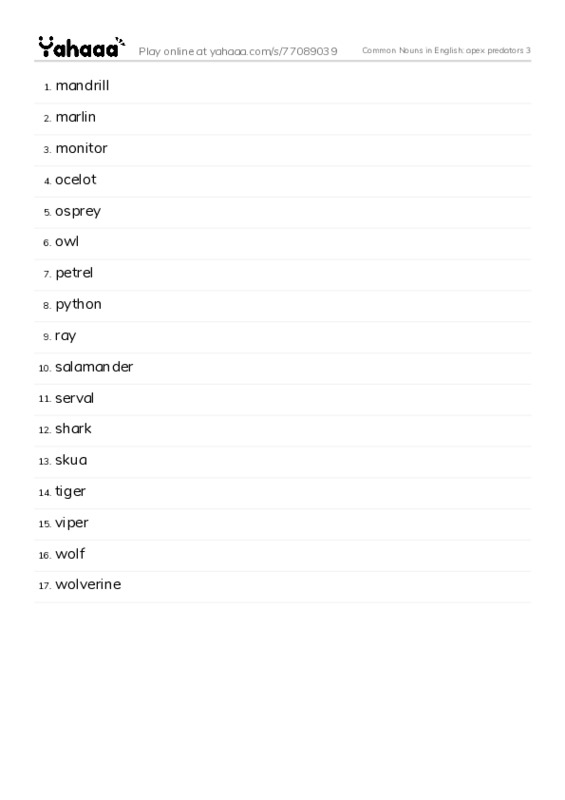 Common Nouns in English: apex predators 3 PDF words glossary