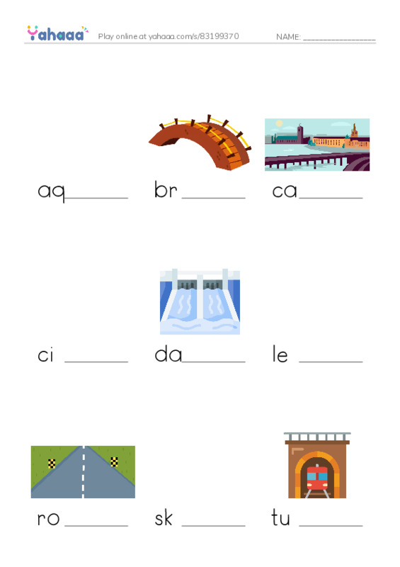 Common Nouns in English: infrastructure 1 PDF worksheet to fill in words gaps