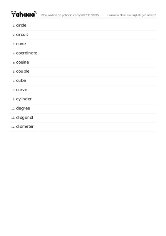 Common Nouns in English: geometry 2 PDF words glossary