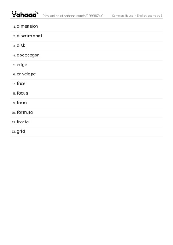 Common Nouns in English: geometry 3 PDF words glossary