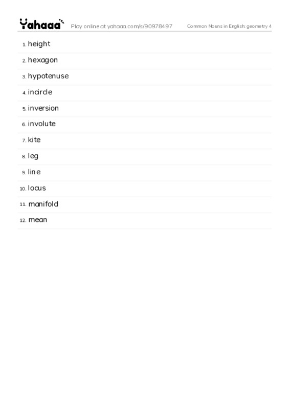 Common Nouns in English: geometry 4 PDF words glossary