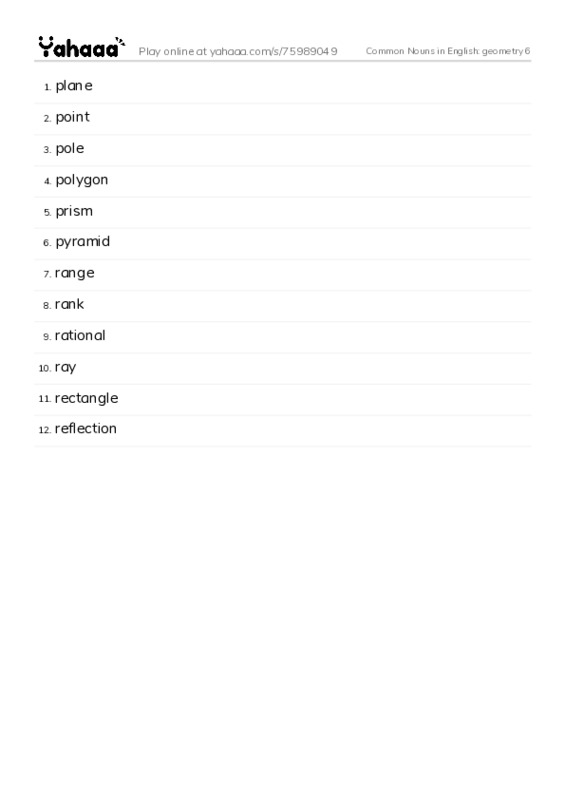 Common Nouns in English: geometry 6 PDF words glossary