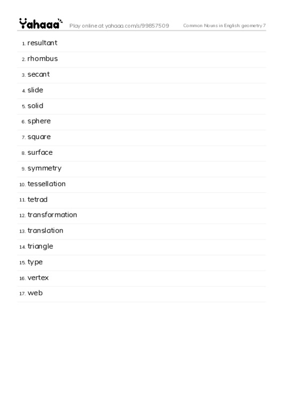 Common Nouns in English: geometry 7 PDF words glossary