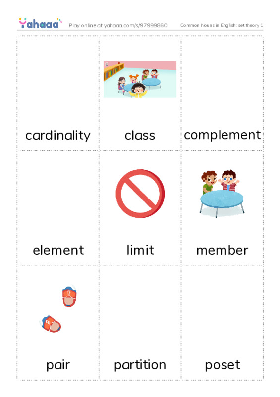 Common Nouns in English: set theory 1 PDF flaschards with images