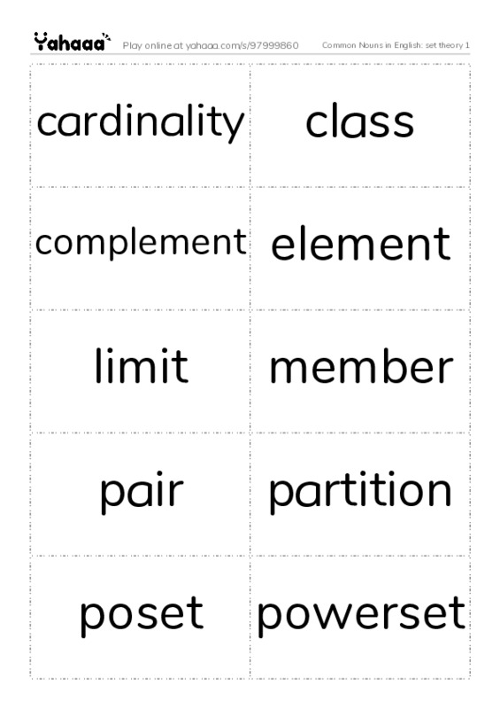 Common Nouns in English: set theory 1 PDF two columns flashcards