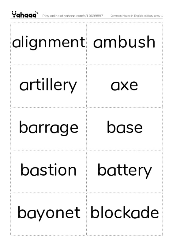 Common Nouns in English: military army 1 PDF two columns flashcards