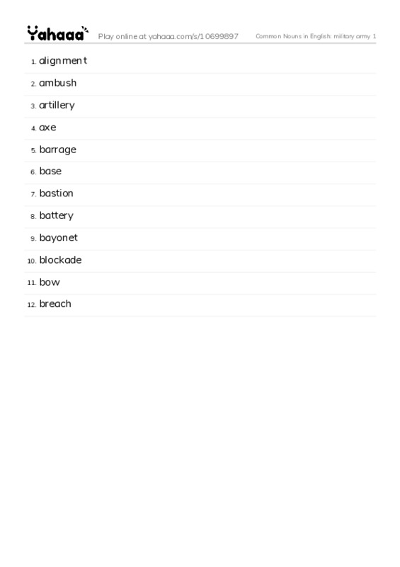 Common Nouns in English: military army 1 PDF words glossary