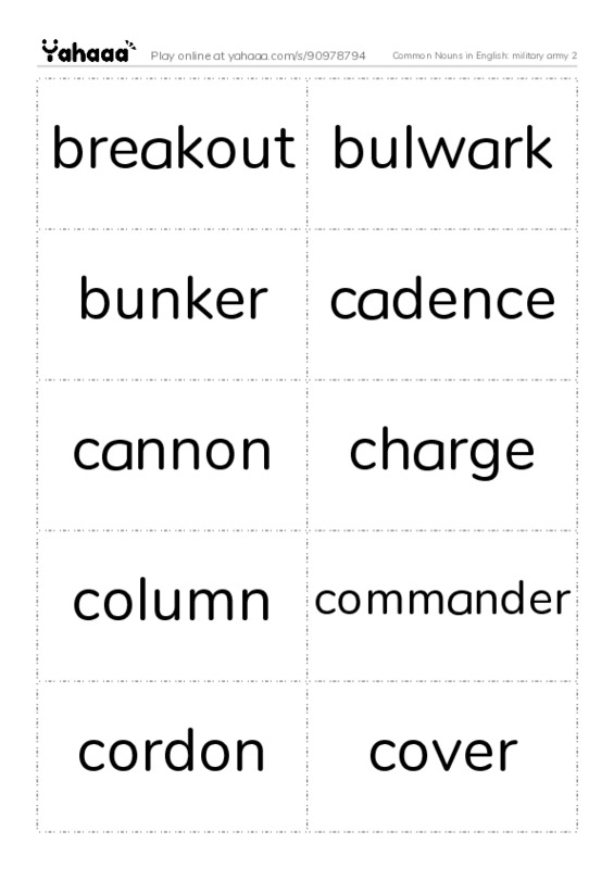 Common Nouns in English: military army 2 PDF two columns flashcards