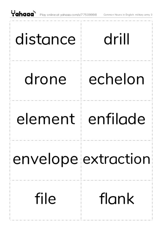 Common Nouns in English: military army 3 PDF two columns flashcards
