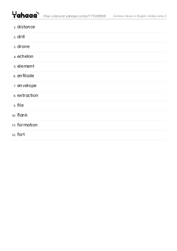 Common Nouns in English: military army 3 PDF words glossary