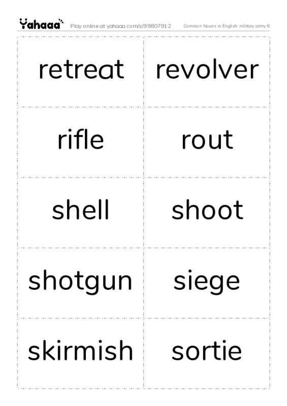 Common Nouns in English: military army 6 PDF two columns flashcards