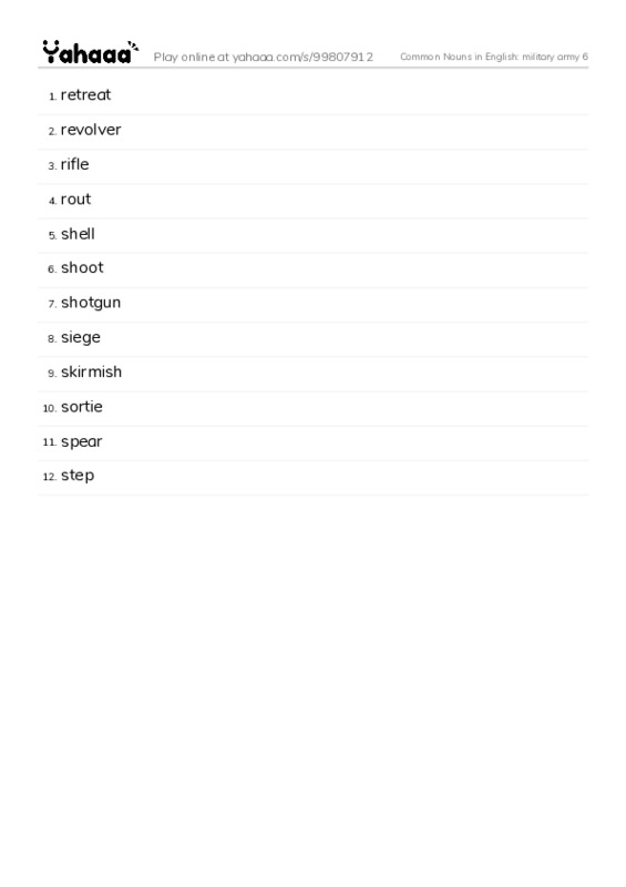 Common Nouns in English: military army 6 PDF words glossary