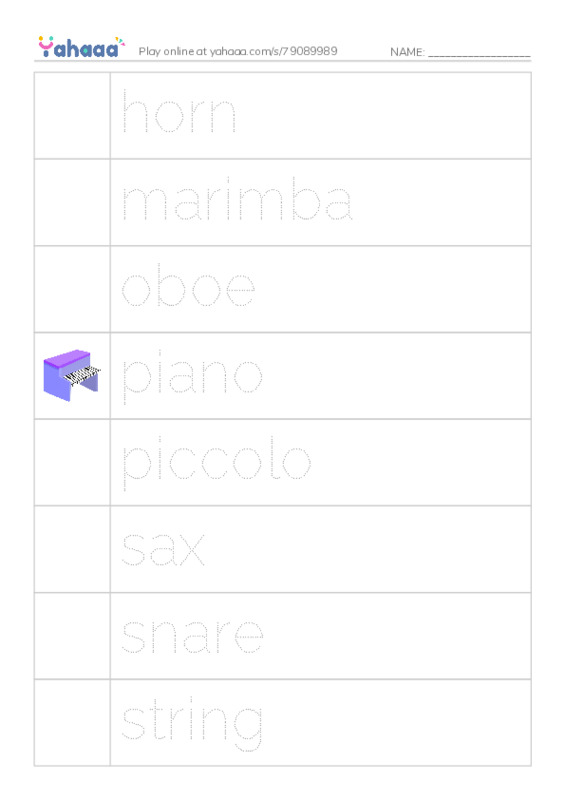 Common Nouns in English: music instruments 2 PDF one column image words