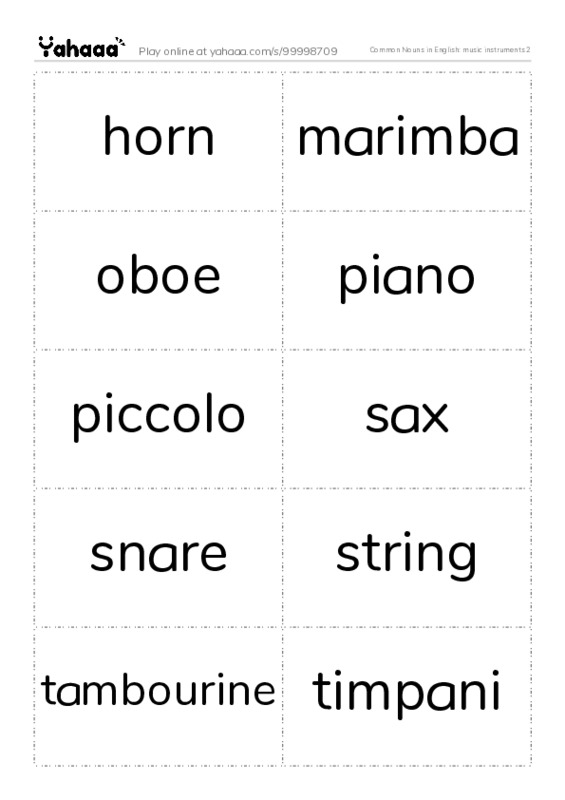 Common Nouns in English: music instruments 2 PDF two columns flashcards