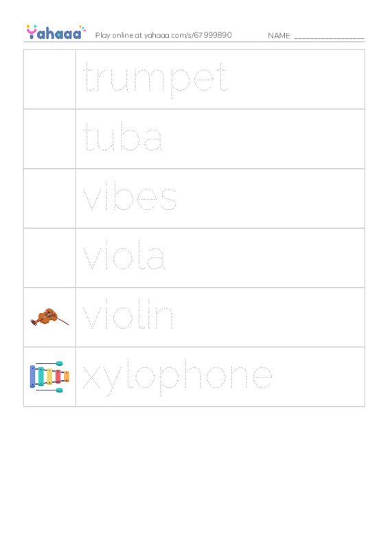 Common Nouns in English: music instruments 3 PDF one column image words