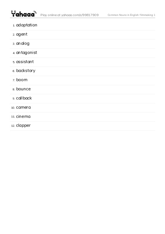 Common Nouns in English: filmmaking 1 PDF words glossary