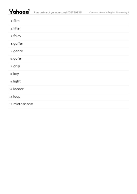 Common Nouns in English: filmmaking 3 PDF words glossary