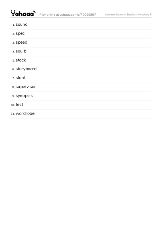 Common Nouns in English: filmmaking 5 PDF words glossary