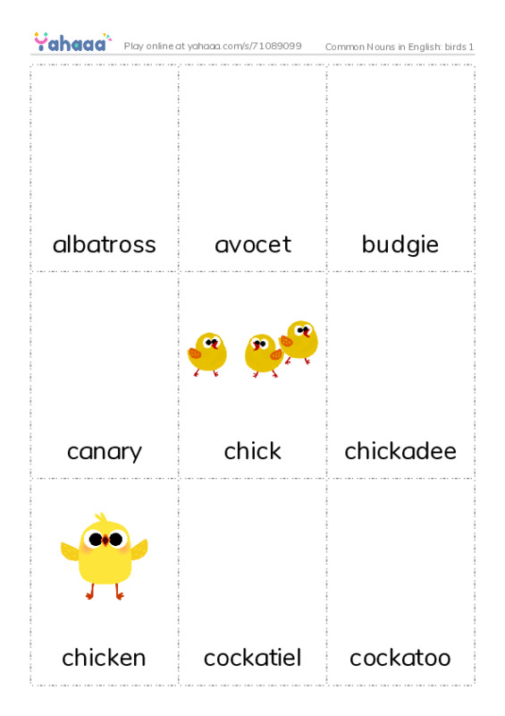 Common Nouns in English: birds 1 PDF flaschards with images