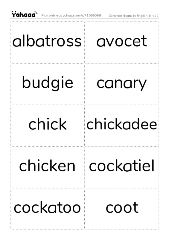 Common Nouns in English: birds 1 PDF two columns flashcards