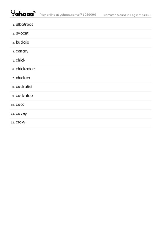 Common Nouns in English: birds 1 PDF words glossary