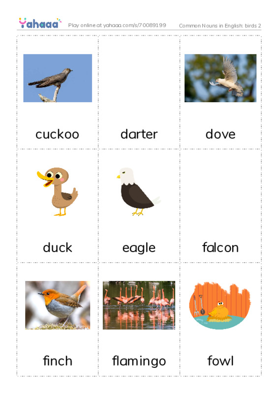 Common Nouns in English: birds 2 PDF flaschards with images