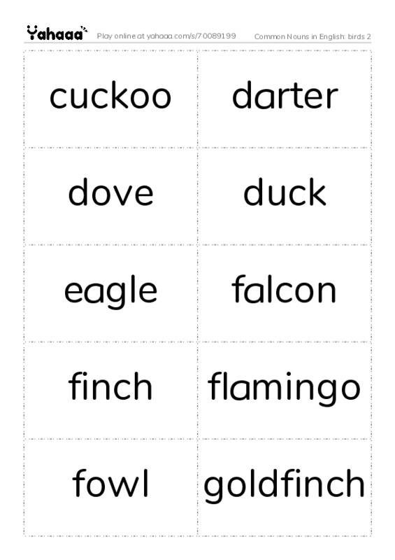 Common Nouns in English: birds 2 PDF two columns flashcards
