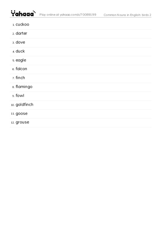Common Nouns in English: birds 2 PDF words glossary