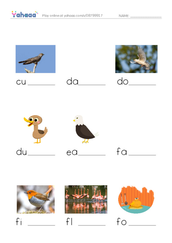 Common Nouns in English: birds 2 PDF worksheet to fill in words gaps