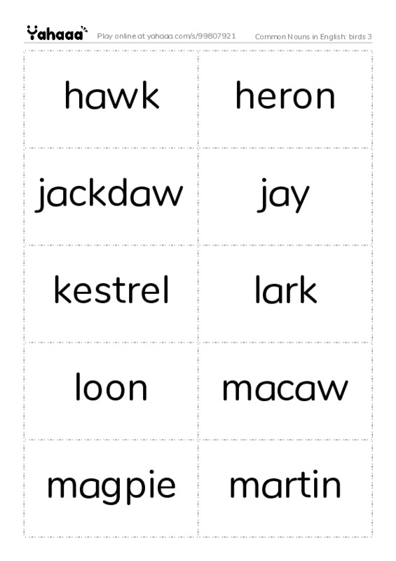 Common Nouns in English: birds 3 PDF two columns flashcards